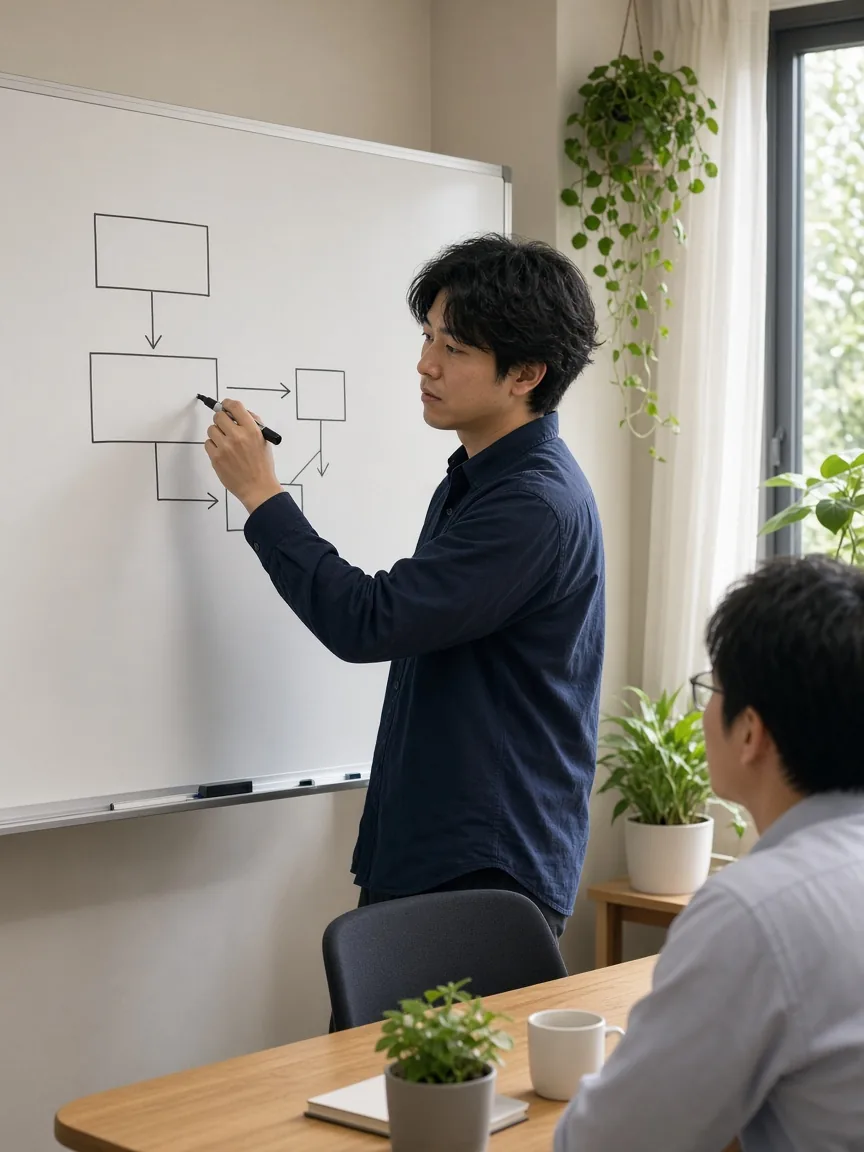 ホワイトボードで企画を進めるメンバー